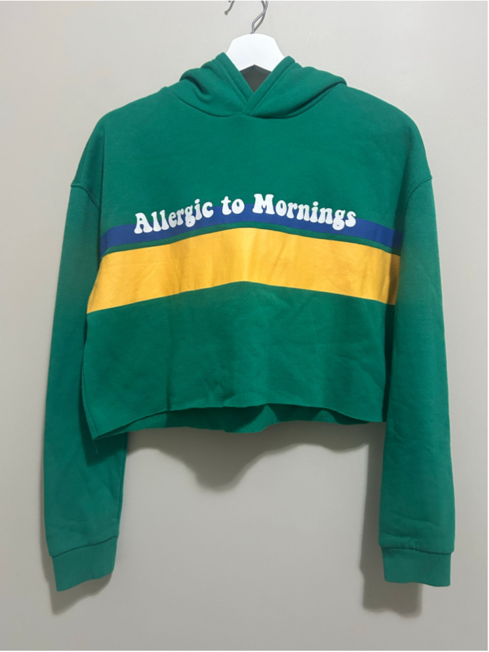 Womanโs Crop Hoodie โAllergic to morningsโ Size M